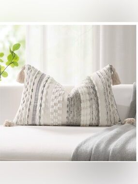 Striped Boho LUMBAR Pillow Cover 14x20” 100% Cotton (1-count) Gray